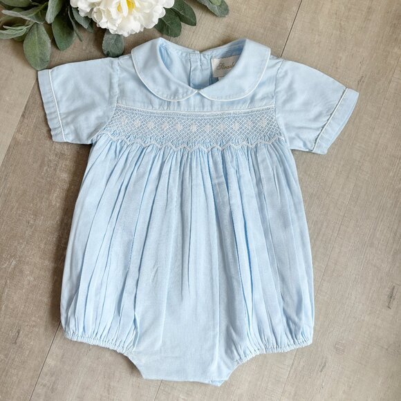 RARE Strasburg Blue Smocked Heirloom Romper Boys 100% Cotton Newborn NWT - Picture 1 of 3